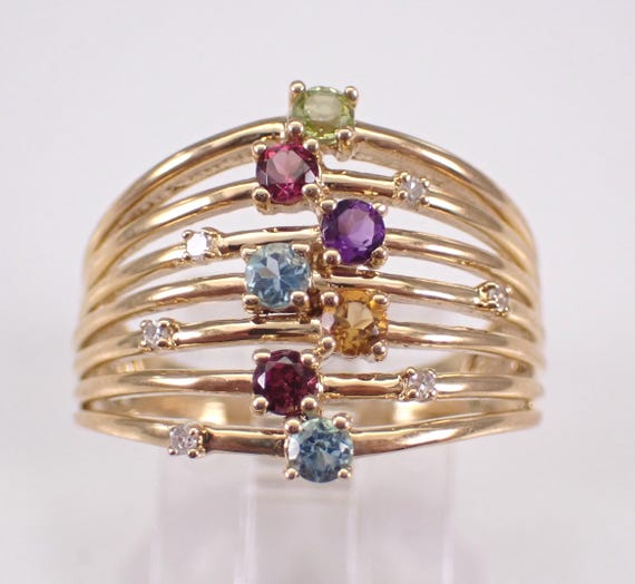Yellow Gold Multi Row Gemstone Ring - Diamond Wedding Anniversary Band - Unique Peridot Garnet Amethyst Topaz Citrine Jewelry Gift