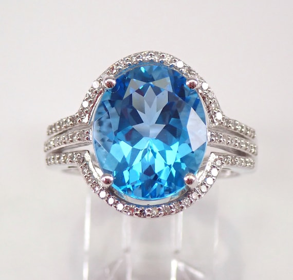 4ct Blue Topaz Engagement Ring - Genuine Diamond Halo Setting - 14K White Gold December Gemstone Jewelry for Women