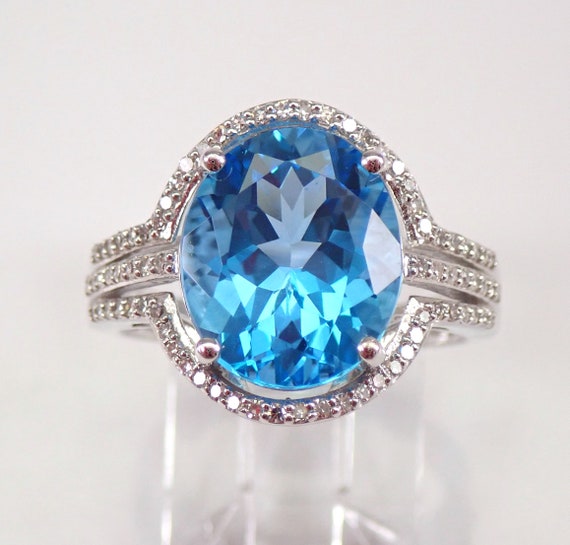 14K White Gold Blue Topaz Engagement Ring - Large Diamond Halo Setting - December Gemstone Jewelry Gift