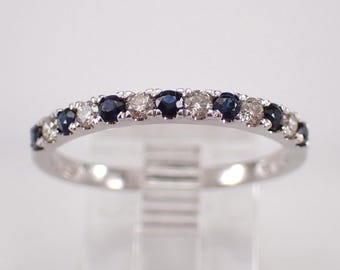 Sapphire and Diamond Wedding Ring, White Gold Gemstone Anniversary Band, Dainty September Birthstone Jewelry Gift