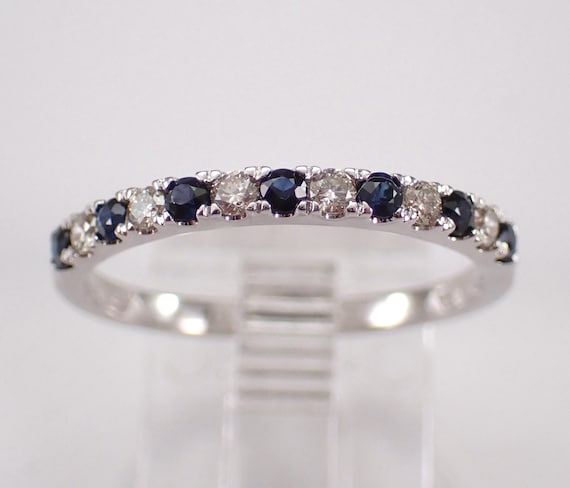 Sapphire and Diamond Wedding Ring, White Gold Gemstone Anniversary Band, Dainty September Birthstone Jewelry Gift