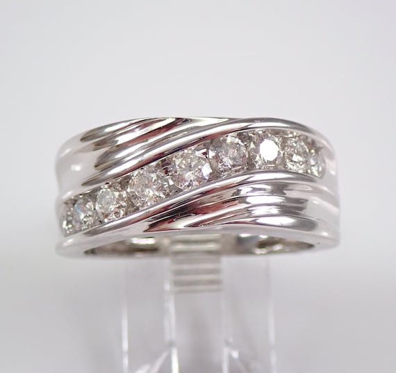 Mens Diamond Wedding Band - White Gold Anniversary Ring for Him - Chunky Bridal Fine Jewelry Gift