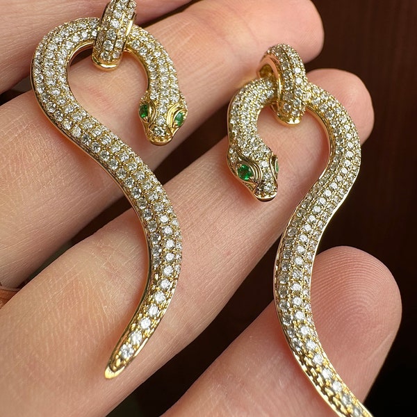 18K Yellow Gold Diamond Snake Earrings - Unique One Of A Kind Fine Jewelry Gift - GalaxyGems Emerald Gemstone Serpent Dangle