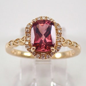 Cushion Cut Pink Tourmaline Ring - Diamond Halo Engagement Gift - 14K Yellow Gold Gemstone Bridal Jewelry