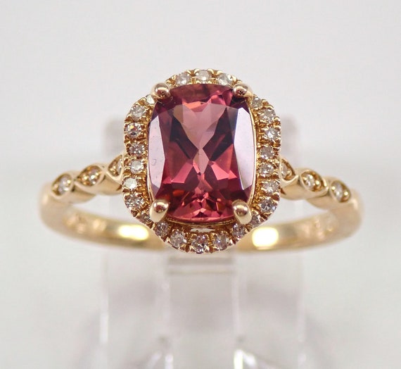 Cushion Cut Pink Tourmaline Ring - Diamond Halo Engagement Gift - 14K Yellow Gold Gemstone Bridal Jewelry