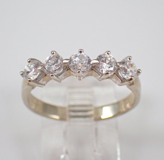 Vintage 14K White Gold Cubic Zirconia Wedding Ring - Simple Prong Set 5 Stone Stacking Anniversary Band