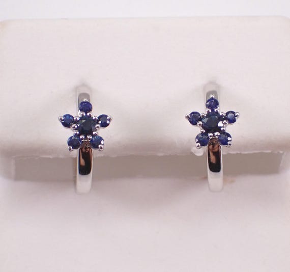 White Gold Sapphire Hoop Earrings - Dainty Gemstone Flower Huggies