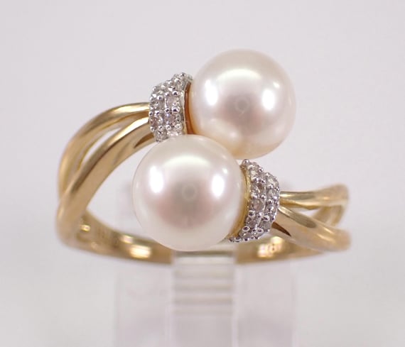 Pearl and Diamond Bypass Ring - Yellow Gold Gemstone Fine Jewelry - June Birthstone Gift
