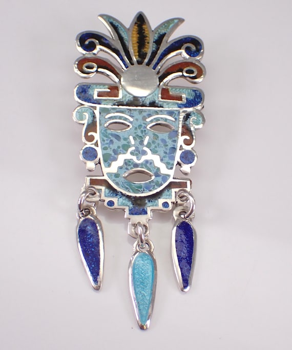 Tribal Mexican Aztec Mask Pendant, Vintage Sterling Silver Enamel Brooch, Large Multi Color Estate Designer