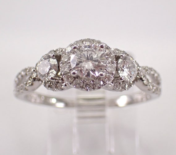 14K White Gold Diamond Engagement Ring - Unique Three Stone Halo Bridal Wedding Band - Past Present Future Fine Jewelry Gift