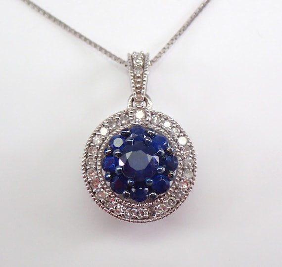 Blue Sapphire Pendant Necklace, Solid White Gold Diamond Halo Setting, Something Blue September Birthstone Jewelry Gift
