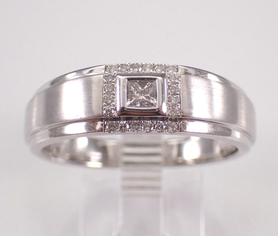 Mens White Gold Diamond Wedding Ring: Princess Cut Halo Engagement Proposal - Square Anniversary Jewelry Gift for Him