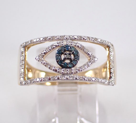 Yellow Gold Diamond Evil Eye Ring - Color Fancy Blue and Black Diamond Band - Unique GalaxyGems Fine Jewelry Gift