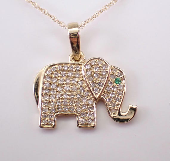 Yellow Gold Diamond ELEPHANT Pendant and Chain - Good Luck Animal Charm Necklace - Unique Fine Jewelry Gift