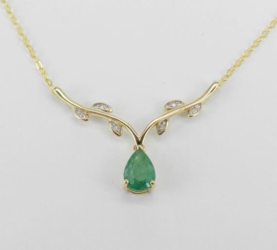 14K Yellow Gold Emerald Necklace - Diamond Station Charm Pendant - Gemstone Lariat Dangle Drop