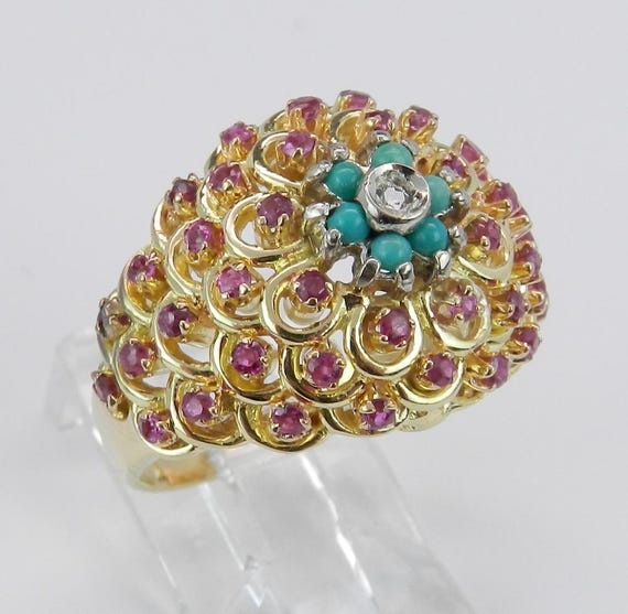 Vintage Turquoise and Ruby Ring - Solid 18k Yellow Gold Diamond Domed Setting