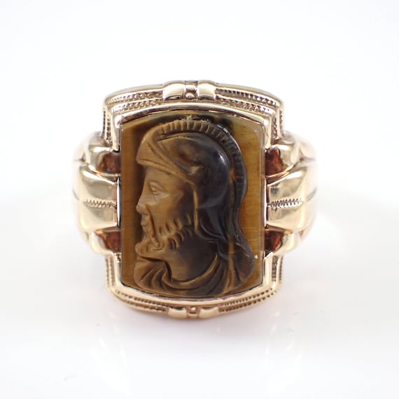 Tigers Eye Intaglio Ring, Solid Yellow Gold Solitaire Ring, Unique Antique Cameo Pinky Ring, Vintage Unisex Fine Jewelry