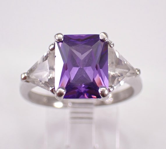 Sterling Silver Cubic Zirconia Engagement Ring, Radiant Cut and Trillion Promise CZ Band - Vintage Estate Bridal Jewelry Gift
