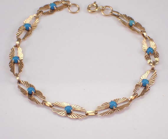 Antique 14K Yellow Gold Turquoise Bracelet - Estate Layering Dainty Station Link - Teal Gemstone Birthday Jewelry Gift