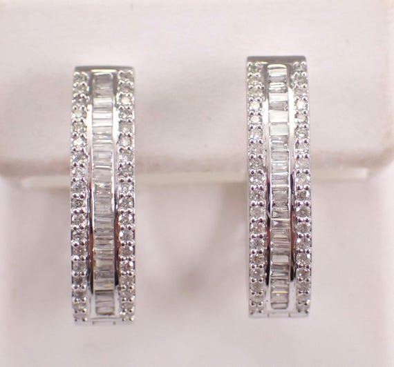 14K White Gold Diamond Hoop Earrings: Multi Row Baguette Huggie Hoops