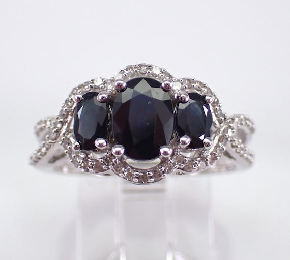 White Gold Sapphire and Diamond Ring: Three Stone Gemstone Anniversary Band