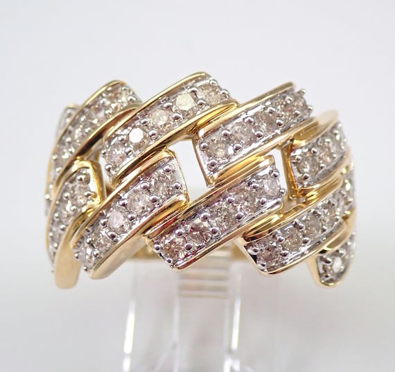 Yellow Gold CHAINLINK Diamond Ring - Large Chain Link Anniversary Band - Stackable Bridal Jewelry Wedding Gift