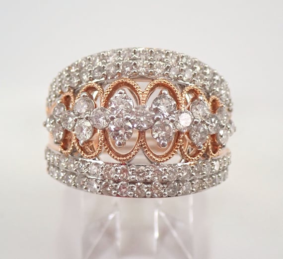 Rose Gold Diamond Wedding Anniversary Ring - Domed Modern Cigar Band - Large Bridal Fine Jewelry Gift