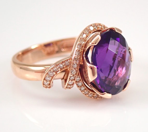 Unique Amethyst Engagement Ring - 14K Rose Gold Diamond Setting - Large February Birthstone Gift