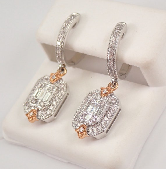 Diamond Dangle Earrings, 14K Two Tone Gold Emerald Cut Cluster, Everyday Hoop Dangle Drop, GalaxyGems Fine Jewelry Gift