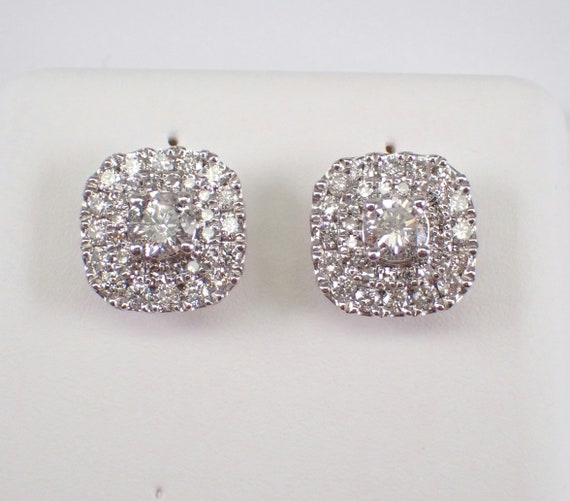 Genuine Diamond Stud Earrings - Solid White Gold Fine Jewelry Gift - Cushion Cut Shaped Halo Studs