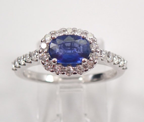 18K White Gold Sapphire Ring Diamond Halo Engagement Ring Size 6.75 September Gemstone Jewelry Low Setting FREE Sizing