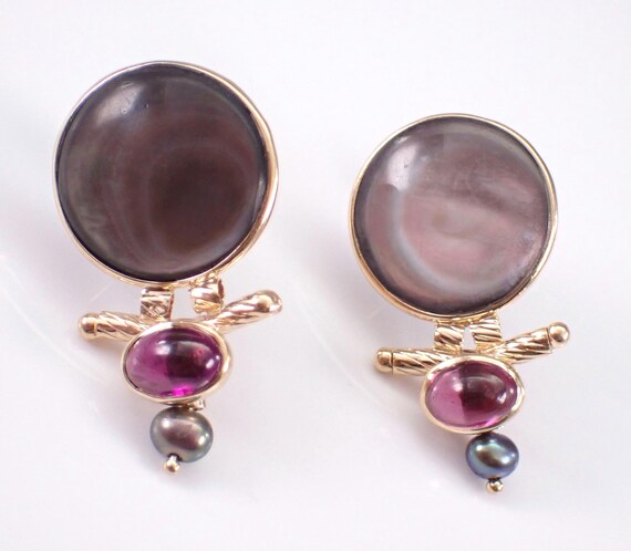 Vintage 14K Yellow Gold Earrings - Mother of Pearl and Garnet Estate Drops - Unique Gemstone Antique Jewelry Gift