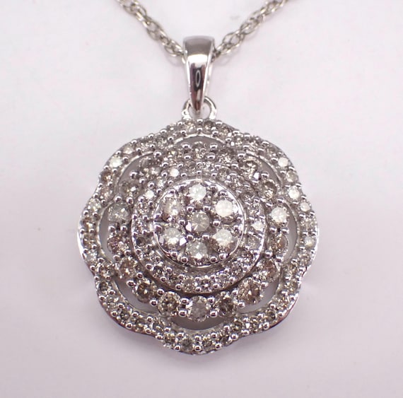 White Gold Diamond Flower Pendant and Chain:  Cluster Charm Necklace - Bridal Fine Jewelry Gift