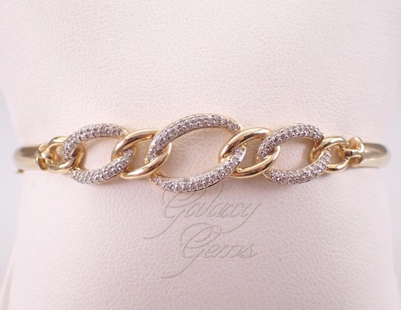 14K Yellow Gold Diamond Bangle Bracelet, Unique Chainlink Stackable Cuff