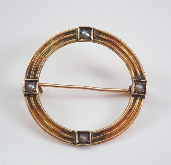 Edwardian Yellow Gold Pearl Brooch, Antique Circle Lapel Pin, Unique Dainty Vintage Jewelry