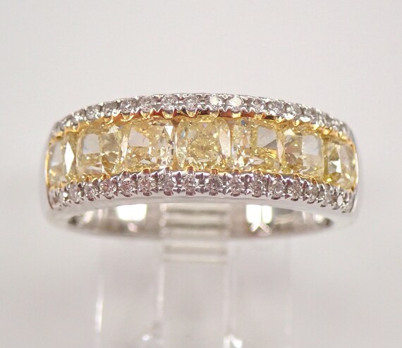 18K White Gold 2.13 ct Fancy Canary Cushion Cut Diamond Wedding Ring Anniversary Band Size 7