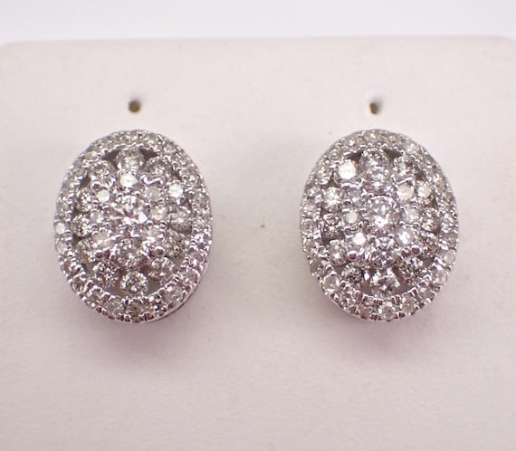 White Gold Diamond Stud Earrings - Unique Oval Halo Cluster Studs - GalaxyGems Anniversary Jewelry Gift
