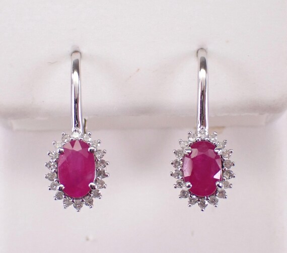 White Gold Ruby and Diamond Earrings, Unique Gemstone Halo Leverback Drops, July Birthstone Jewelry Gift