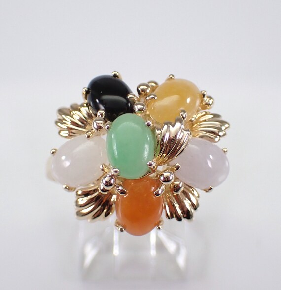 Vintage 14K Yellow Gold Gemstone Ring, Jade Citrine Onyx Multi Color Right Hand Band, Antique Cluster Fine Jewelry Gift