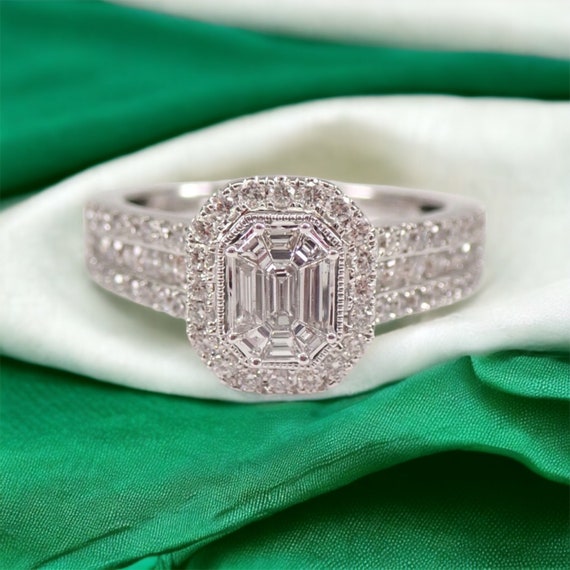 1ct Emerald Cut Diamond Cluster Ring, Solid 14K White Gold Halo Engagement Ring, Unique Bridal Jewelry