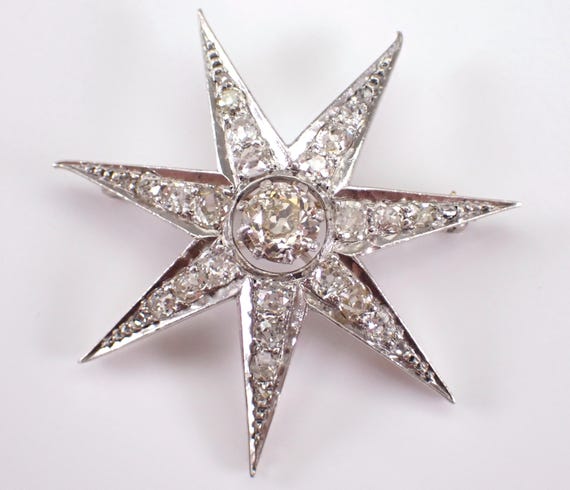 Antique Old Miner Diamond Star Brooch - Platinum and 18K Gold Celestial Pin - Engraved Victorian Fine Jewelry Gift