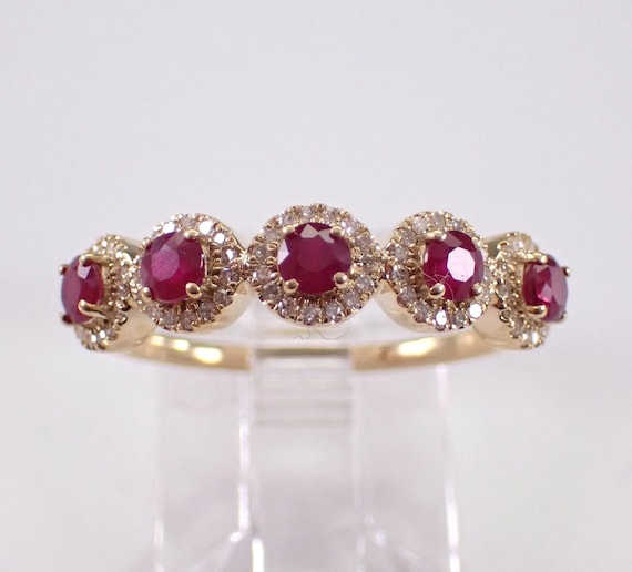 Ruby and Diamond Wedding Ring - Yellow Gold Gemstone Halo Anniversary Band - Stackable Birthstone Jewelry Gift
