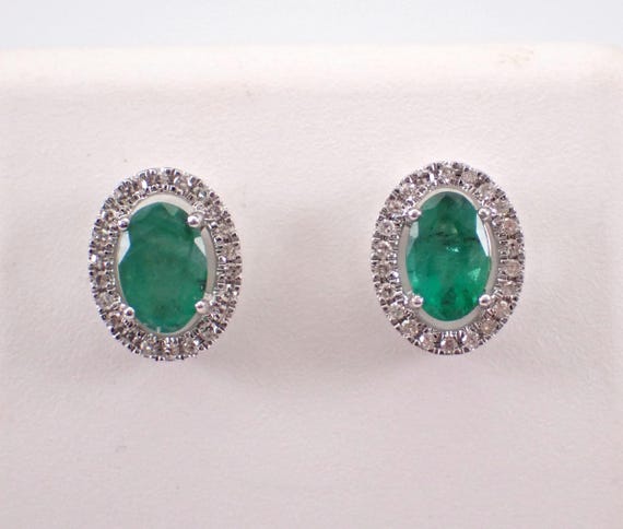 14K White Gold Emerald Stud Earrings - Diamond Halo Screwback Studs - May Birthstone Fine Jewelry Gift