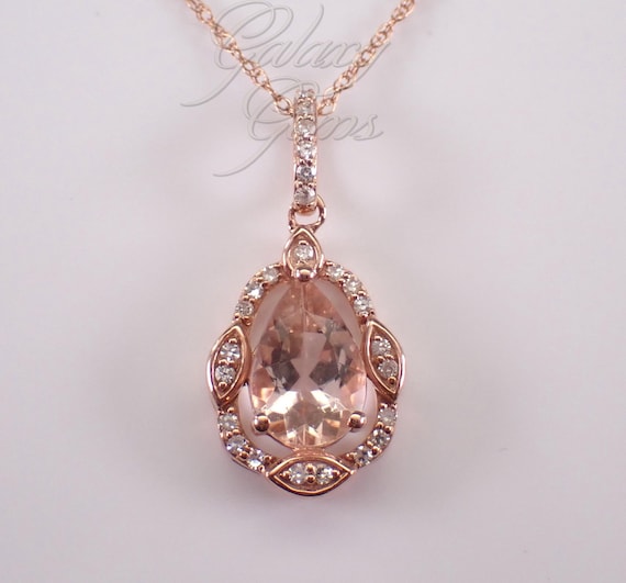 Rose Gold Morganite and Diamond Necklace: Teardrop Dangle Charm Pendant and Chain