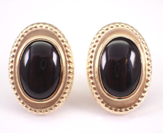 Vintage 14k Yellow Gold Black Onyx Earrings - Oval Shape Beaded Halo Setting - Gemstone Omega Clasp Studs
