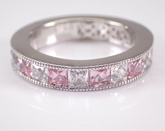Pink Cubic Zirconia Wedding Eternity Ring, Princess Cut CZ Anniversary Band, Estate Sterling Silver Bridal Jewelry Gift