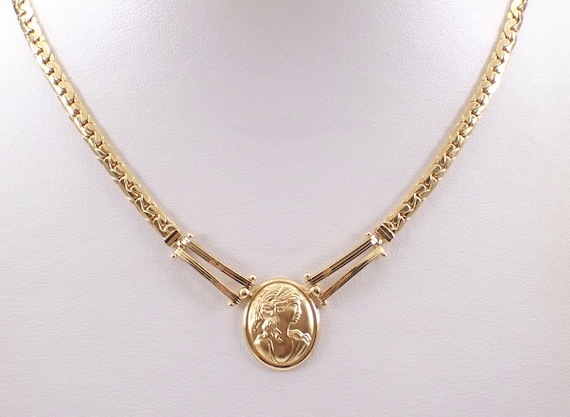 Vintage 14K Yellow Gold Cameo Necklace: Antique Station Choker Pendant and Chain