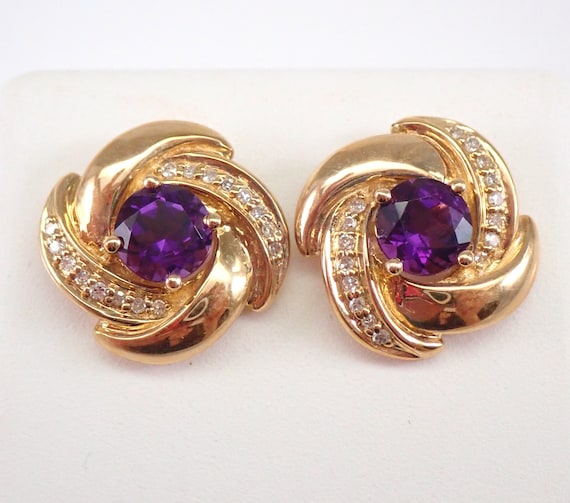 Amethyst Stud Earrings - Yellow Gold Diamond Setting - February Birthstone Jewelry Gift
