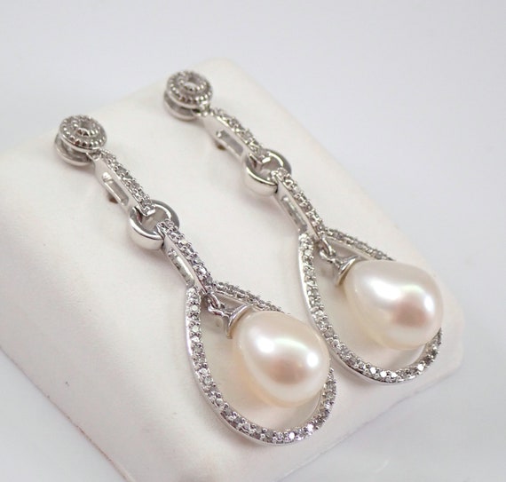 Pearl and Diamond Dangle Drop Earrings 14K White Gold June Birthstone Wedding Gift