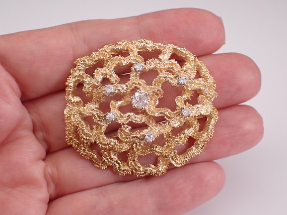 Antique 14K Yellow Gold Old Miner Diamond Brooch, Vintage Solid Gold Fine Jewelry Pin Pendant